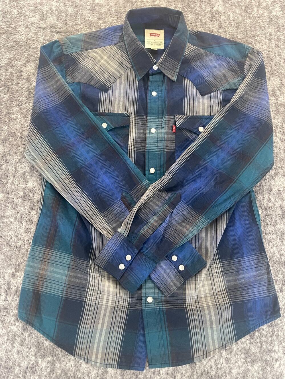 Levi’s Western Shirt Men's S Multicolor Blue And Green Plaid Pearl Snap Button